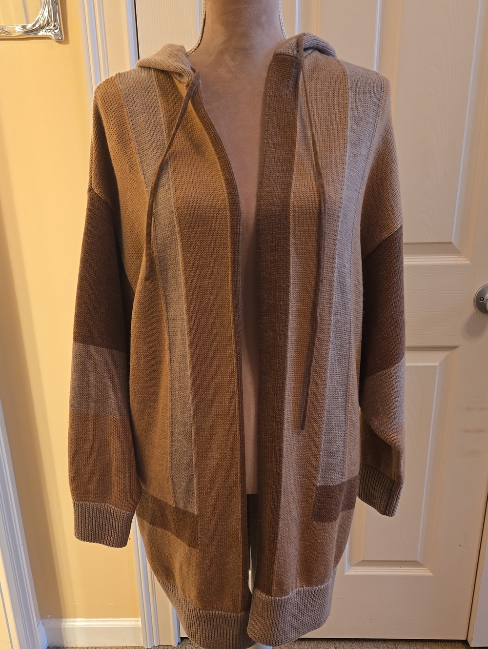 Haute Hippie Hooded Open-Front Colorblock Cardigan in Brown and Tan